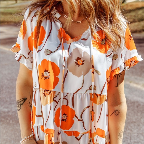 FLORAL PRINTED FLOUNCE SLEEVE TIE-NECK PEPLUM BLOUSE - Picture 3 of 6